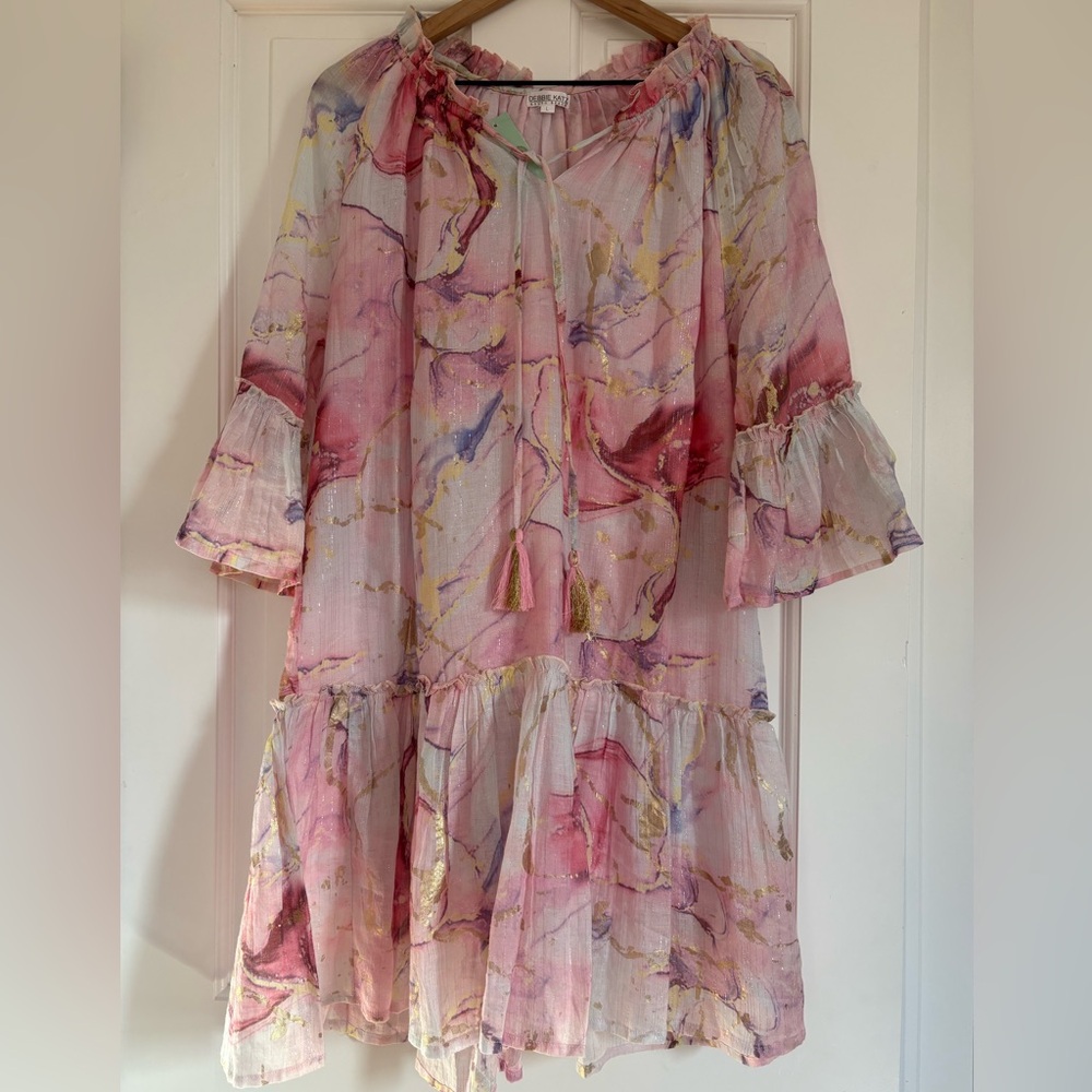 NWT DEBBIE KATZ SOUTH BEACH Pink Cotton Tasseled Beach Dress L Fairy Whimsical